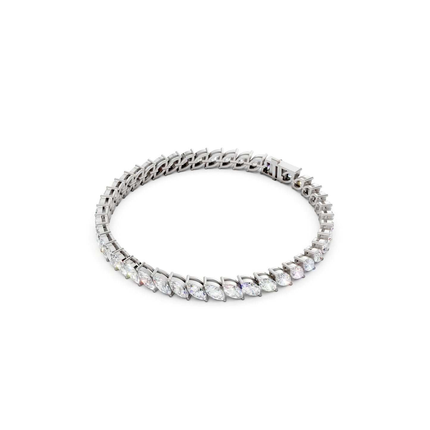 Profile shot highlighting the slender setting and fluid line of marquise stones encased in gleaming white gold.