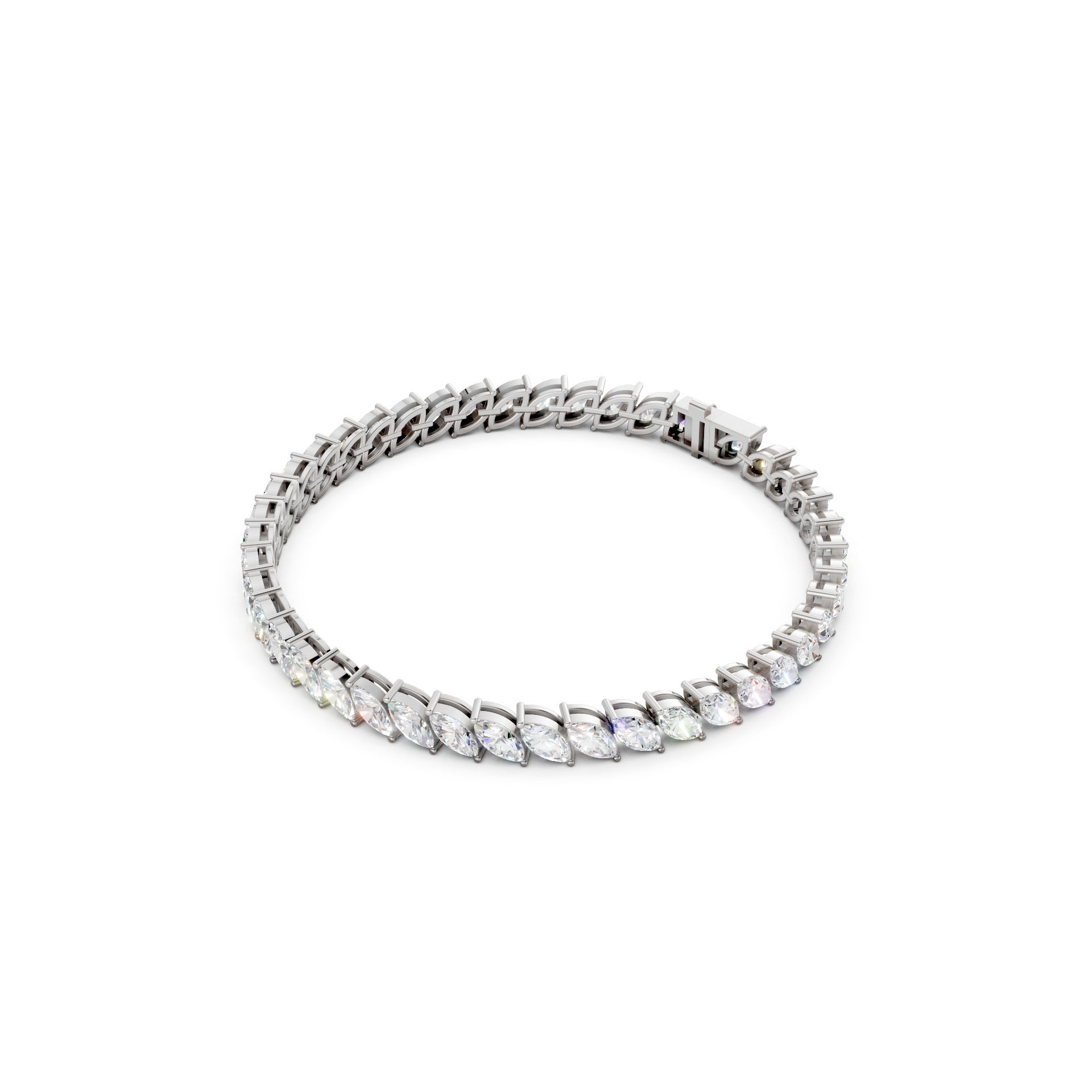 Profile shot highlighting the slender setting and fluid line of marquise stones encased in gleaming white gold.