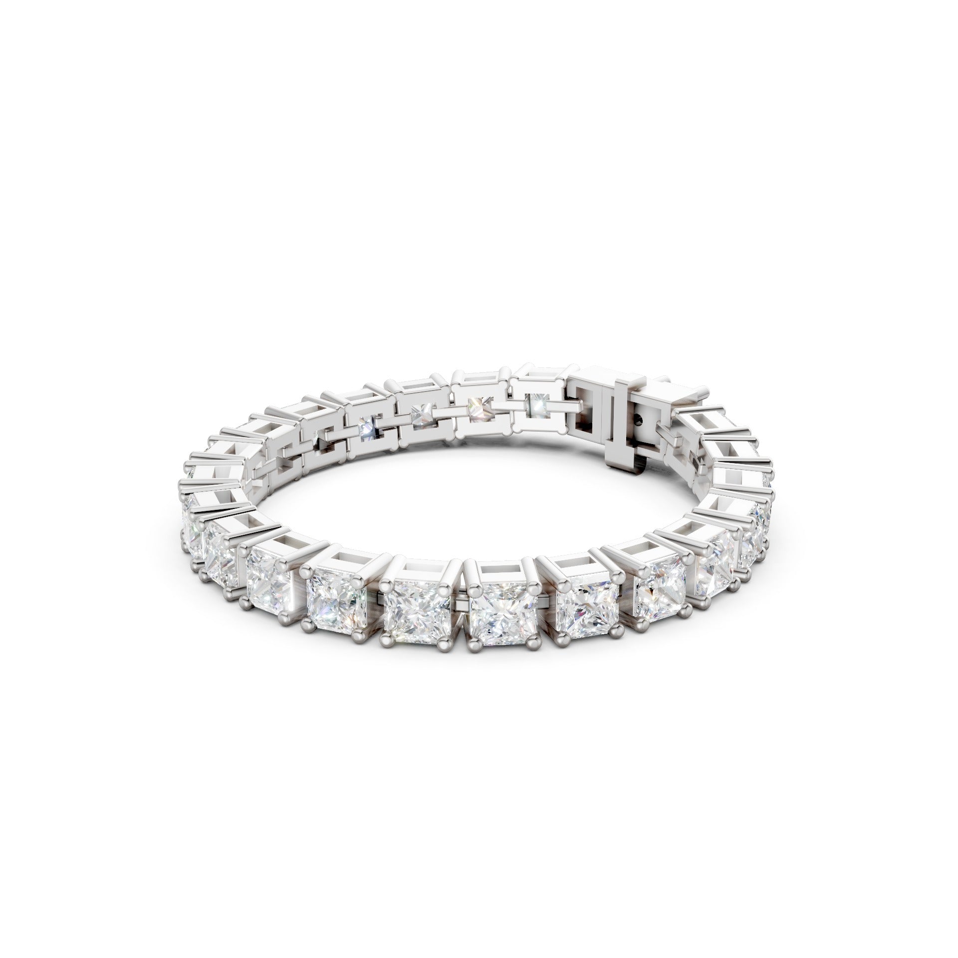 Profile shot displaying the crisp white gold settings that emphasize the clean geometry of the princess cuts.
