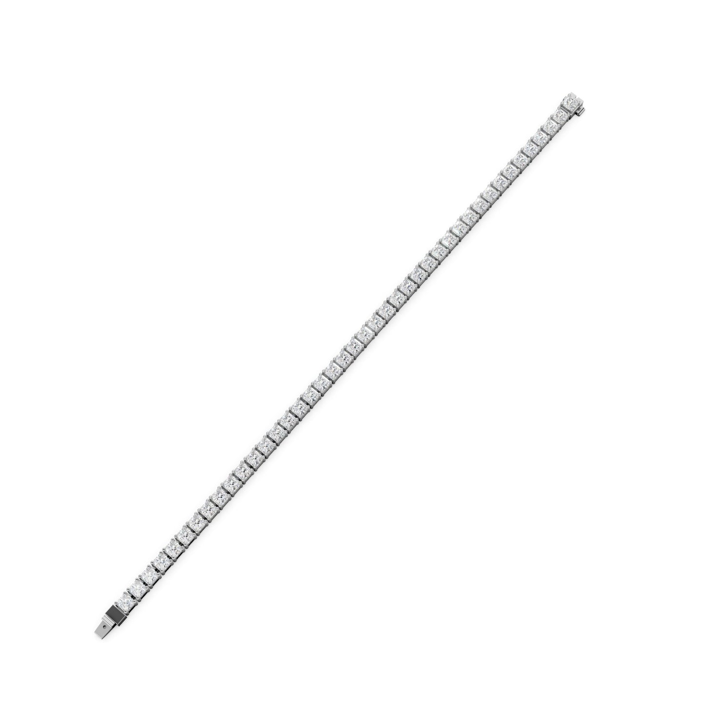 Top-down view revealing the straight, uninterrupted flow of diamonds within a polished white gold frame.