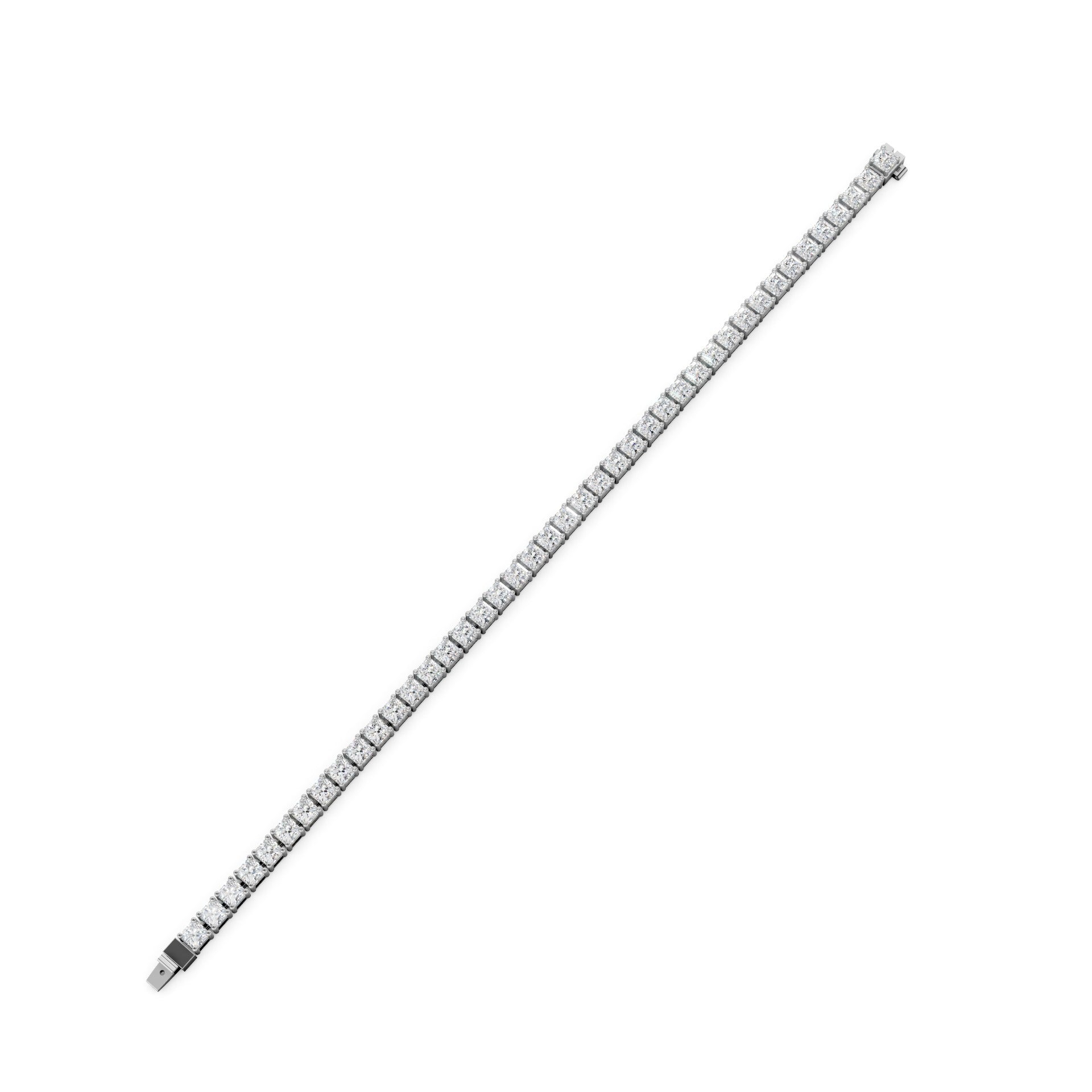 Top-down view revealing the straight, uninterrupted flow of diamonds within a polished white gold frame.