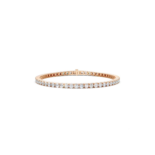 Front portrait of a classic tennis bracelet, featuring 53 round brilliant lab-grown diamonds totaling 5.30 CT, set in a seamless row of rose gold.