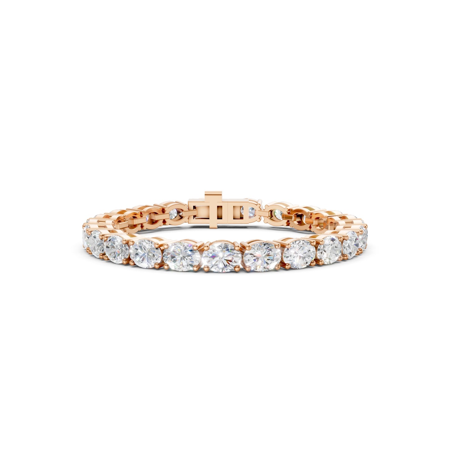 Frontal view of the Oval Diamond 6.00 CT Tennis Bracelet in rose gold, showcasing a seamless row of oval-cut diamonds radiating warmth and elegance.