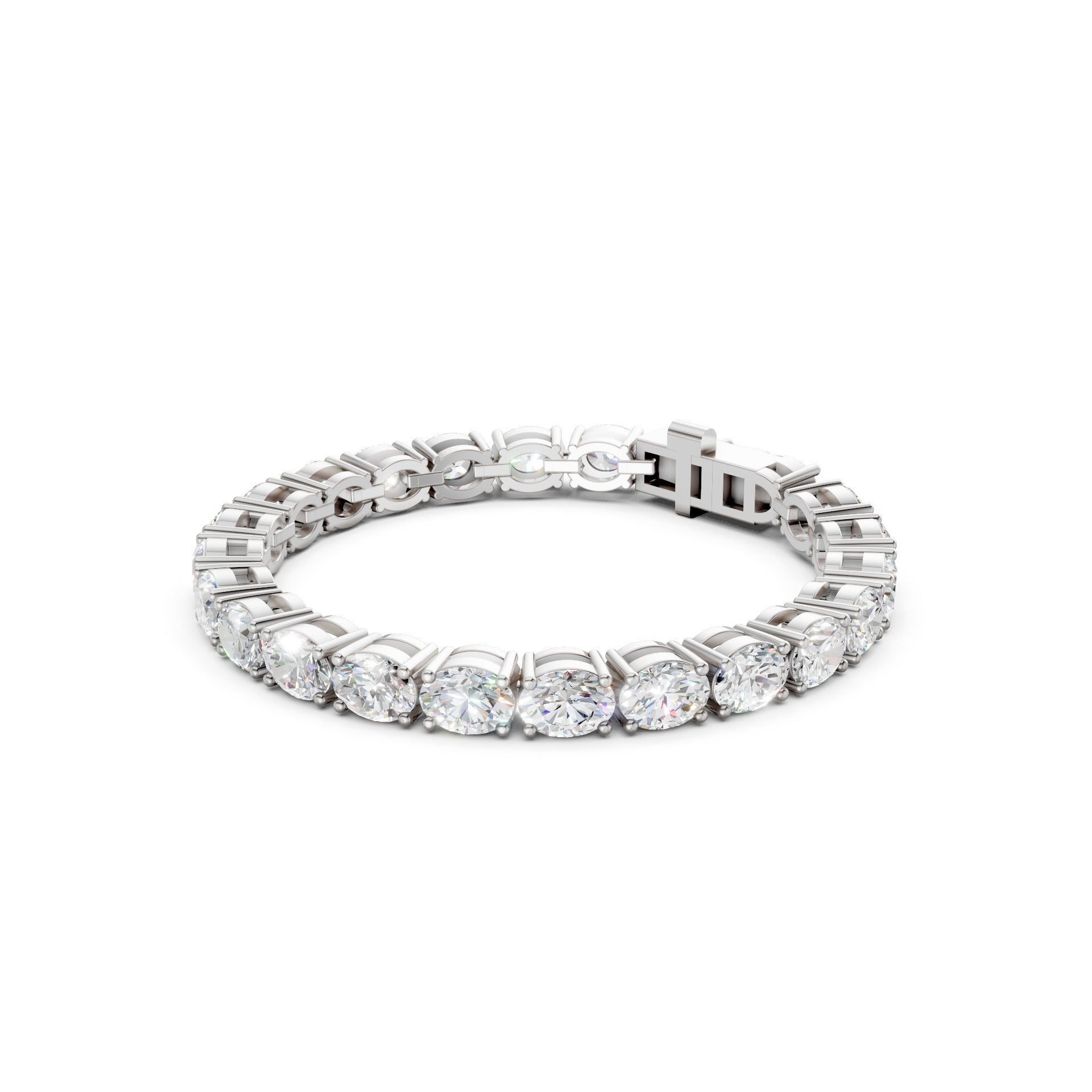 Sleek profile displaying white gold prongs and elongated oval stones.