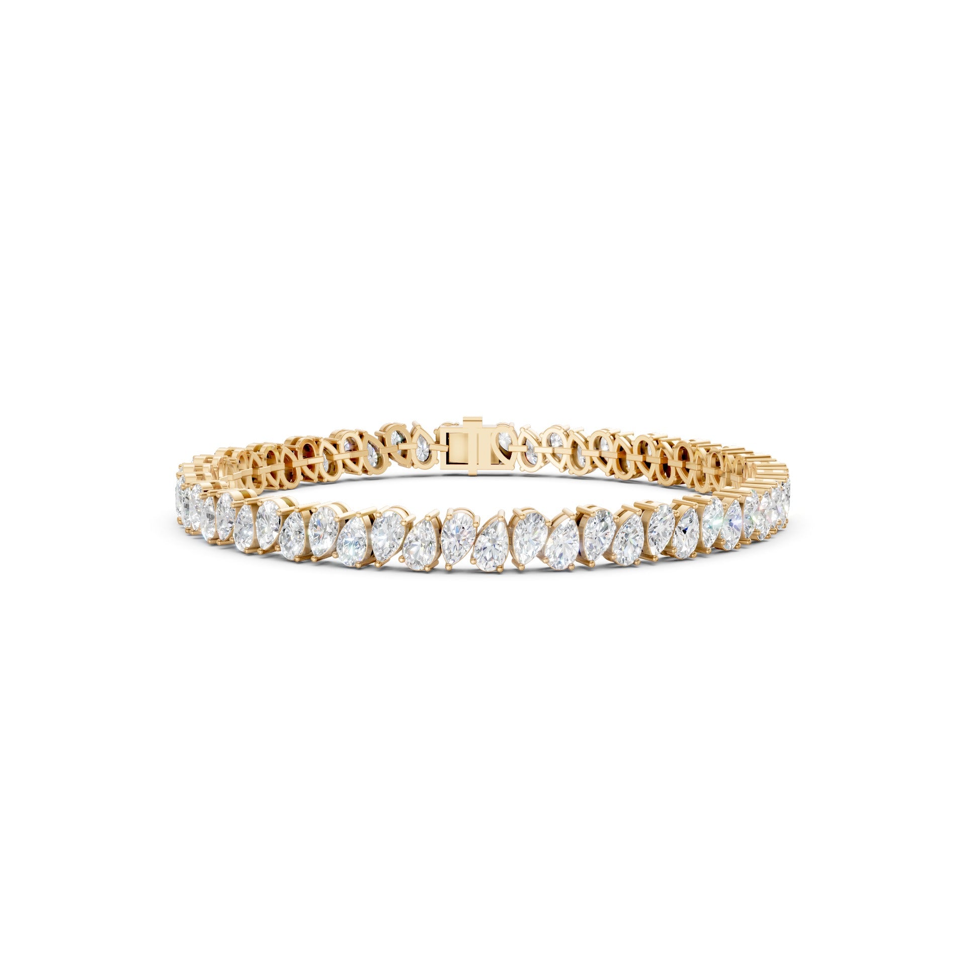 Front view of the Pear Radiance Bracelet, highlighting 7.95 ct pear-cut diamonds arranged in 18K yellow gold, emphasizing the bracelet’s radiant sparkle and intricate craftsmanship.