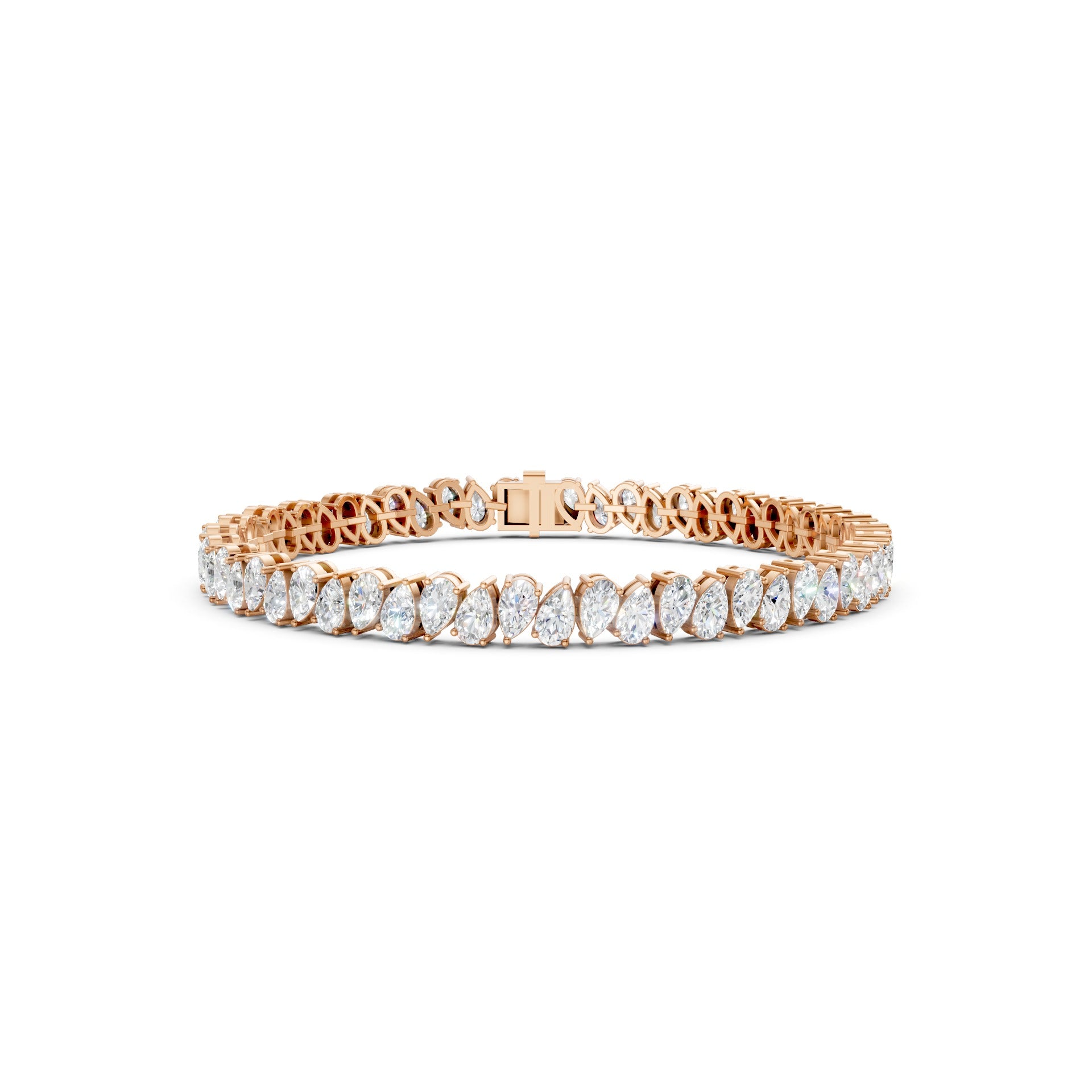 Front view of the Pear Radiance Bracelet, highlighting 7.95 ct pear-cut diamonds arranged in 18K rose gold, emphasizing the bracelet’s radiant sparkle and intricate craftsmanship.