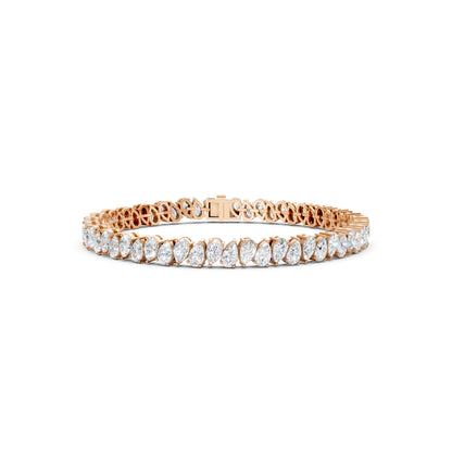 Front view of the Pear Radiance Bracelet, highlighting 7.95 ct pear-cut diamonds arranged in 18K rose gold, emphasizing the bracelet’s radiant sparkle and intricate craftsmanship.