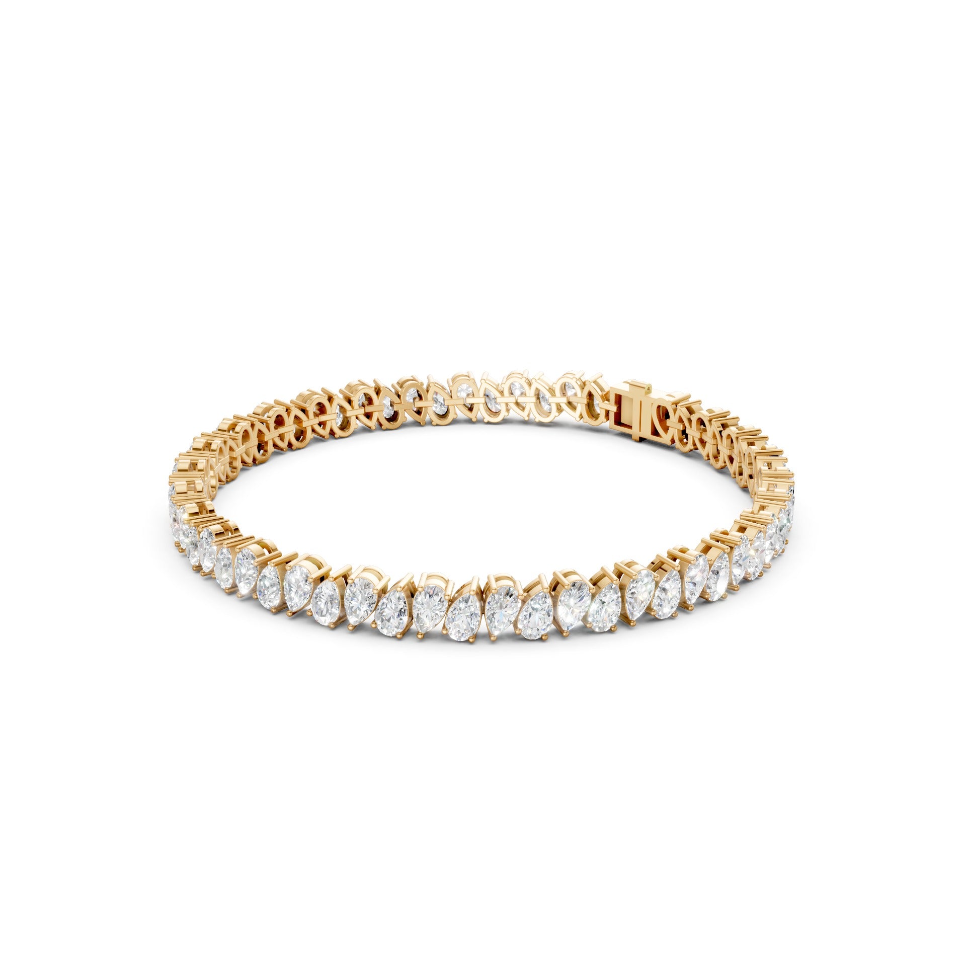 Side view of the Pear Radiance Bracelet, displaying the sleek profile of 7.95 ct pear-cut diamonds set in 18K yellow gold, showcasing the bracelet’s elegant curvature.
