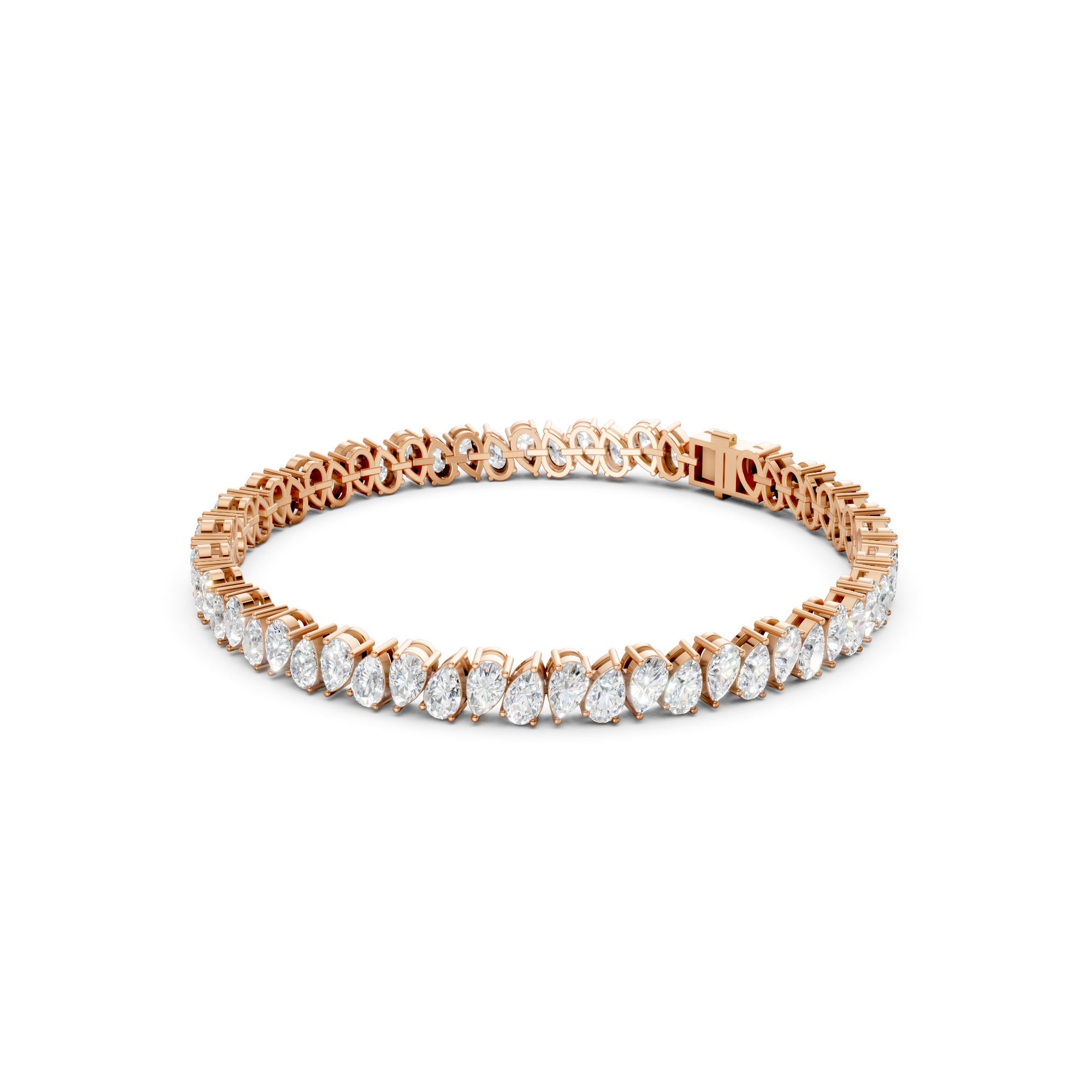 Side view of the Pear Radiance Bracelet, displaying the sleek profile of 7.95 ct pear-cut diamonds set in 18K rose gold, showcasing the bracelet’s elegant curvature.