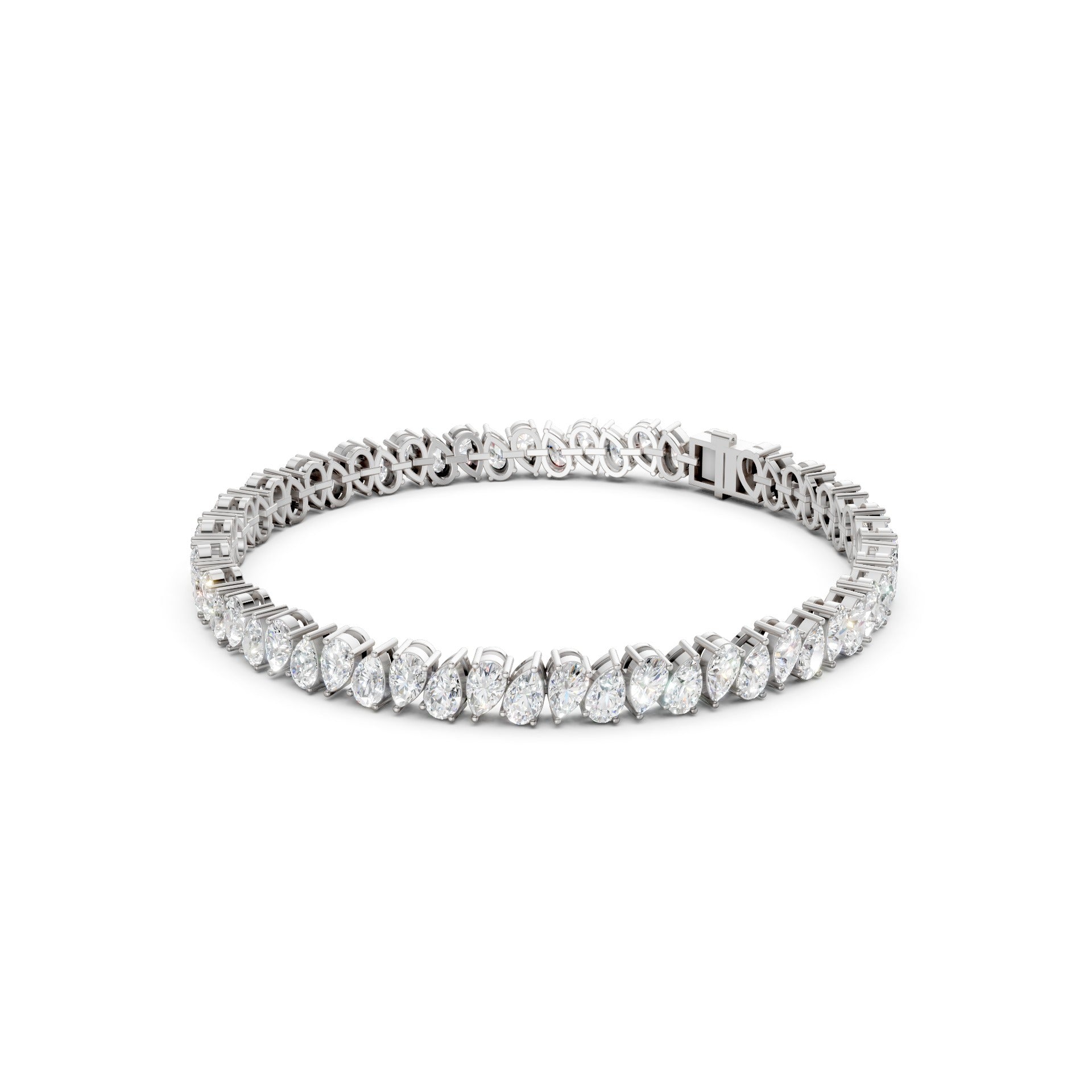 Side view of the Pear Radiance Bracelet, displaying the sleek profile of 7.95 ct pear-cut diamonds set in 18K white gold, showcasing the bracelet’s elegant curvature.