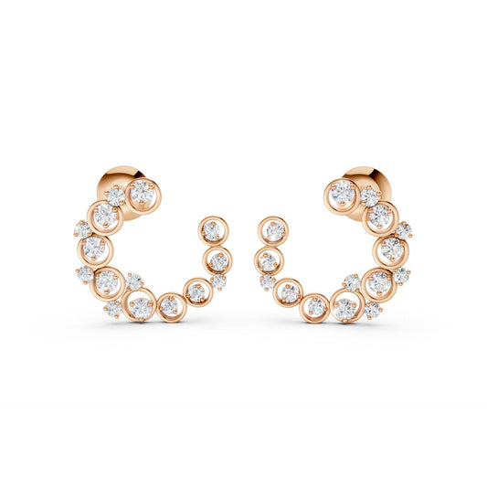 Elegant frontal capture of Halo Arc earrings in rose gold, adorned with 32 prong- and bezel-set lab-grown diamonds totaling 0.57 CT.
