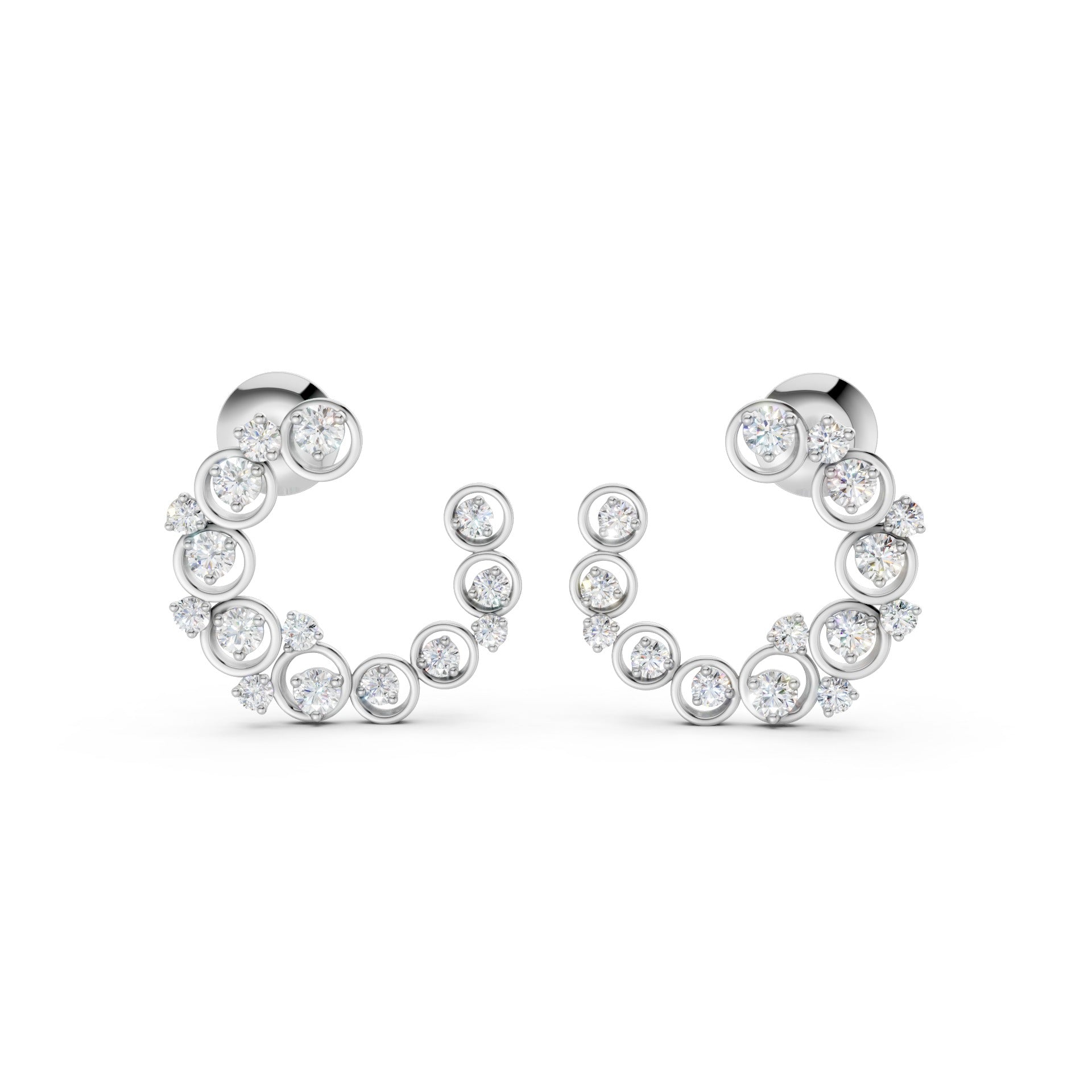 Close-up of Halo Arc earrings in white gold, set with 32 sparkling lab-grown diamonds totaling 0.57 CT, arranged in a graceful curved silhouette.