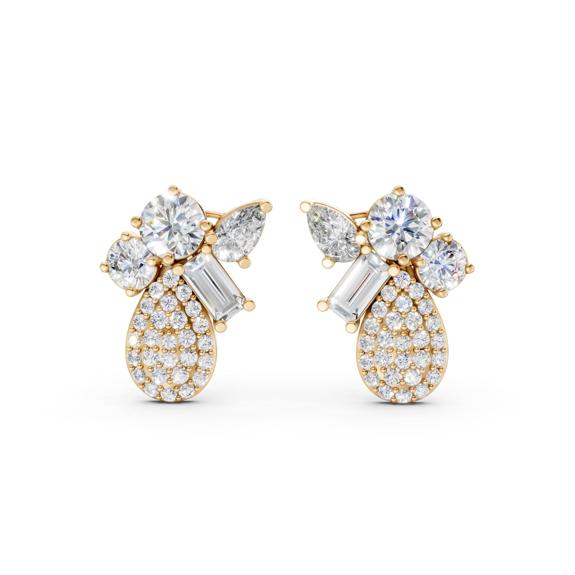 Front view of Modern Teardrop Cluster Diamond Earrings in 18K yellow gold, showcasing 2.368 ct lab-grown pear, baguette, and round diamonds in a vibrant, symmetrical cluster design.