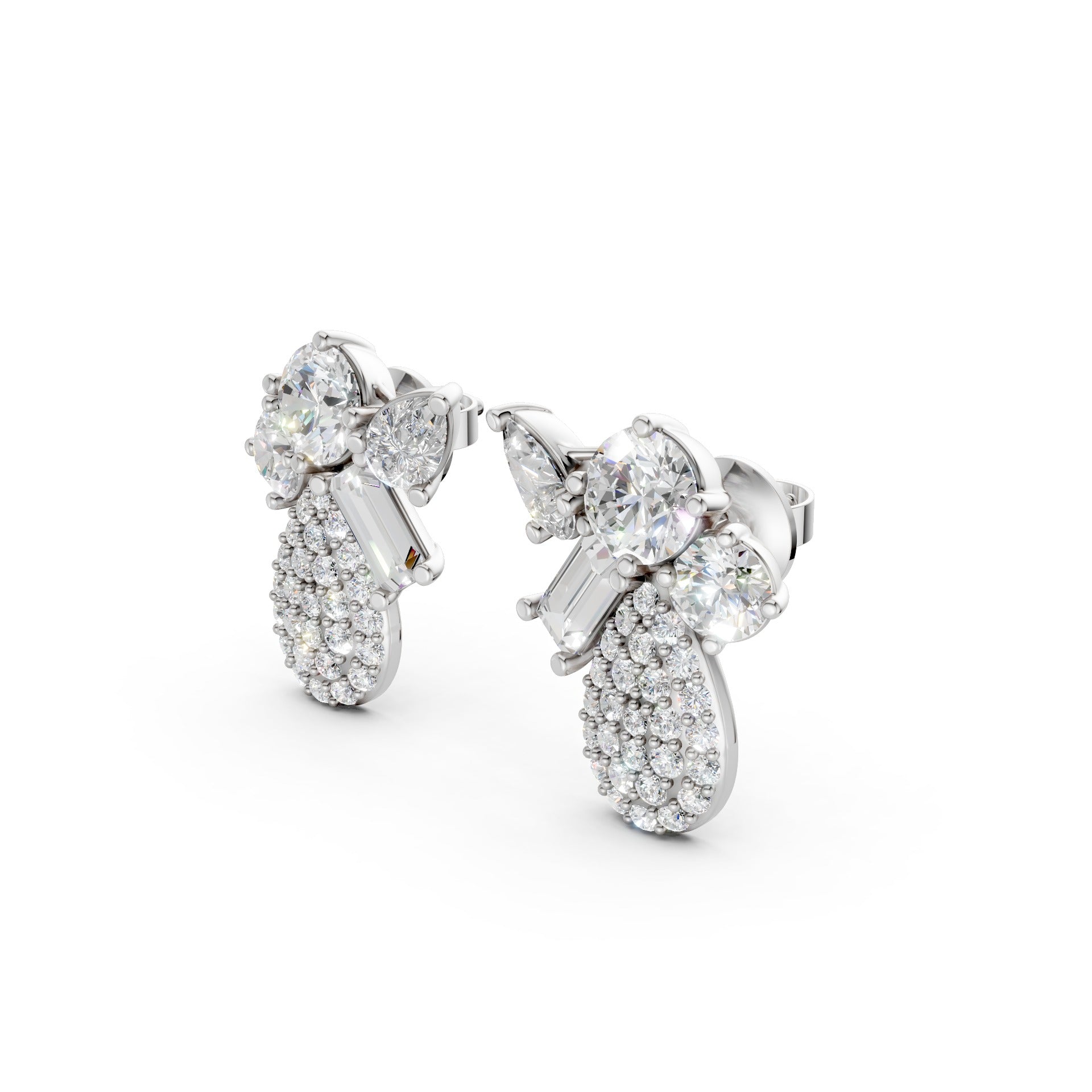 Side view of Modern Teardrop Cluster Diamond Earrings in 18K white gold, highlighting the dimensional profile and sparkle of 2.368 ct lab-grown diamonds in teardrop formation.