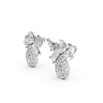 Side view of Modern Teardrop Cluster Diamond Earrings in 18K white gold, highlighting the dimensional profile and sparkle of 2.368 ct lab-grown diamonds in teardrop formation.