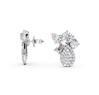 Full view of Modern Teardrop Cluster Diamond Earrings in 18K white gold with 2.368 ct lab-grown diamonds, displaying the complete intricate cluster against a white background.