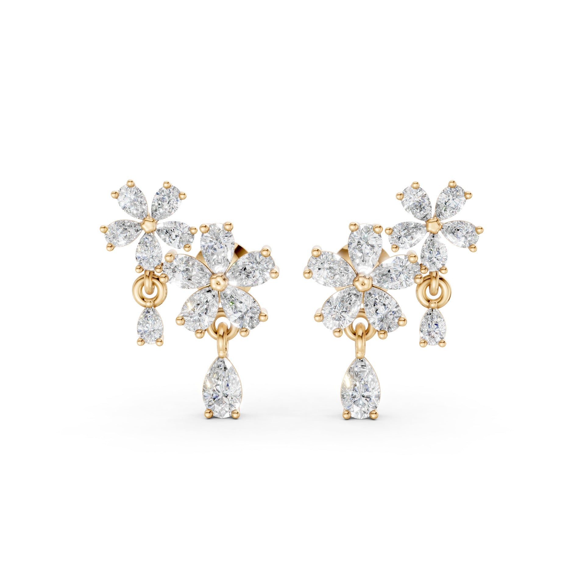 Front view of Floral Cascade Diamond Earrings in 18K yellow gold, showcasing 3.20 ct lab-grown pear-shaped diamonds in layered blossom clusters for vibrant, avant-garde elegance.
