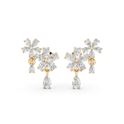Front view of Floral Cascade Diamond Earrings in 18K yellow gold, showcasing 3.20 ct lab-grown pear-shaped diamonds in layered blossom clusters for vibrant, avant-garde elegance.