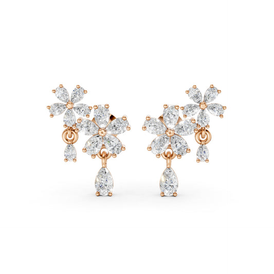 Front view of Floral Cascade Diamond Earrings in 18K rose gold, showcasing 3.20 ct lab-grown pear-shaped diamonds in layered blossom clusters for warm, avant-garde elegance.