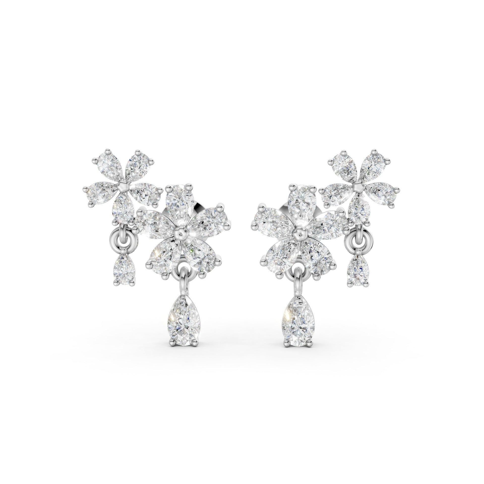 Front view of Floral Cascade Diamond Earrings in 18K white gold, showcasing 3.20 ct lab-grown pear-shaped diamonds in layered blossom clusters for cool, avant-garde elegance.