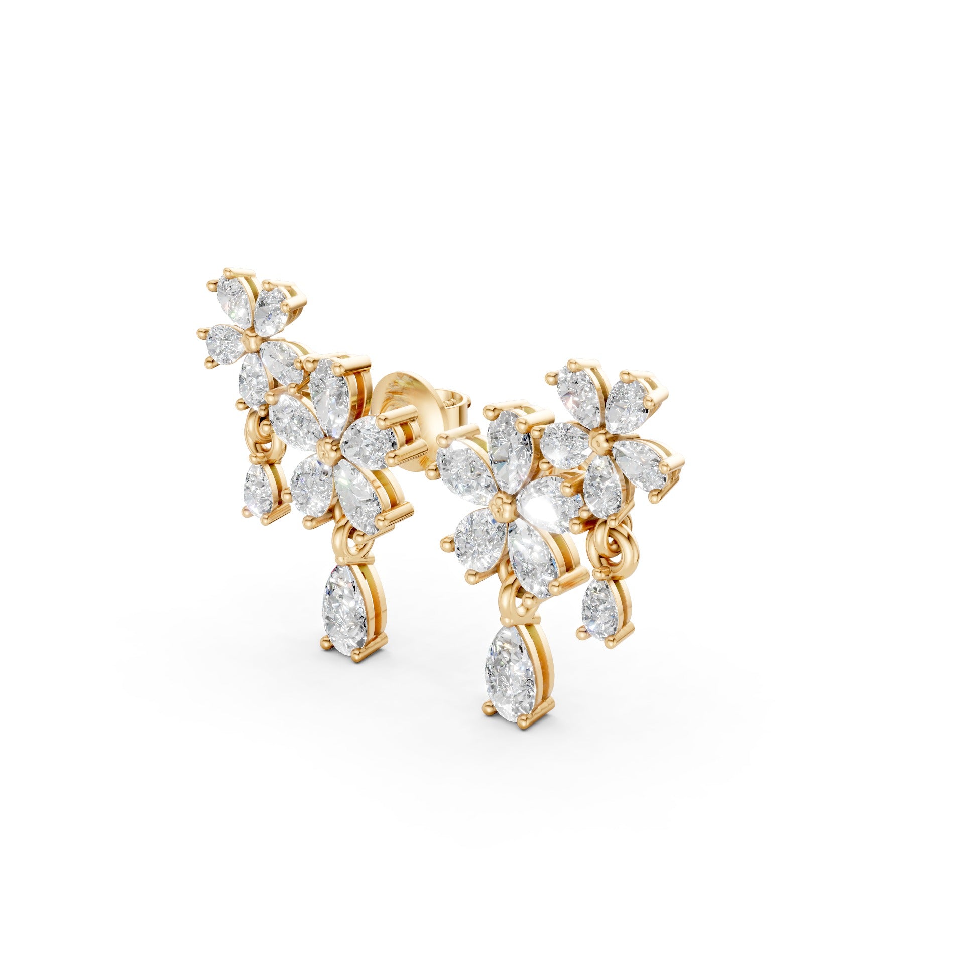 Side view of Floral Cascade Diamond Earrings in 18K yellow gold, highlighting the dimensional profile and graceful drop of 3.20 ct lab-grown pear-shaped diamonds.