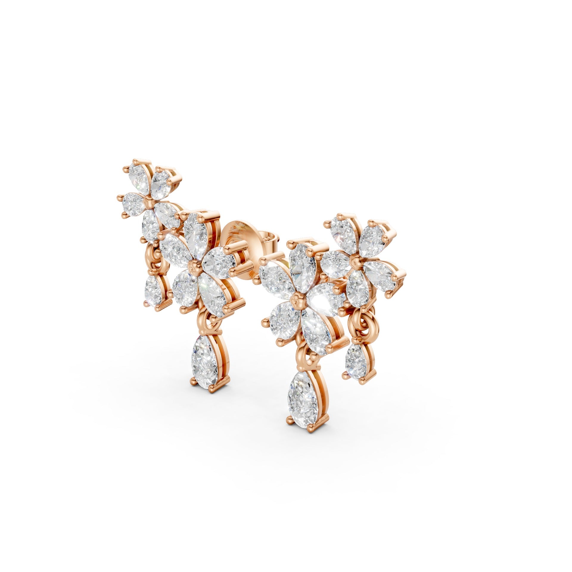 Side view of Floral Cascade Diamond Earrings in 18K rose gold, highlighting the dimensional profile and graceful drop of 3.20 ct lab-grown pear-shaped diamonds.