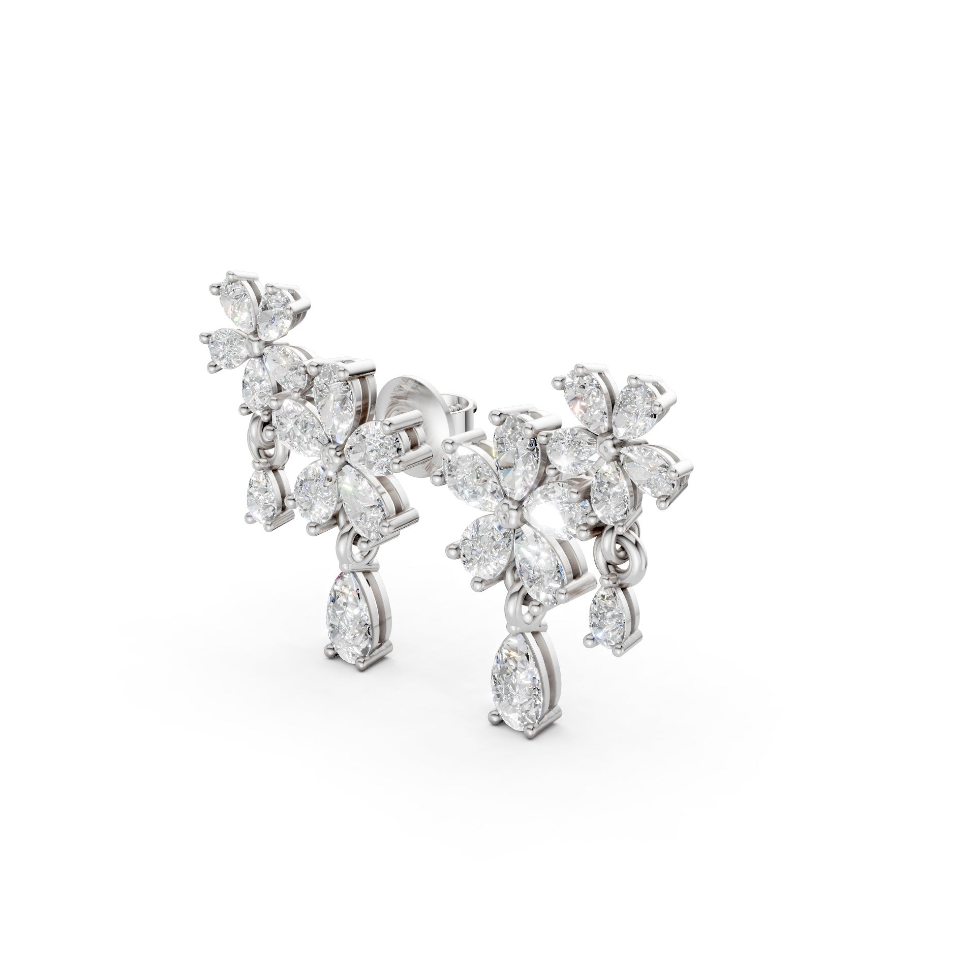 Side view of Floral Cascade Diamond Earrings in 18K white gold, highlighting the dimensional profile and graceful drop of 3.20 ct lab-grown pear-shaped diamonds.