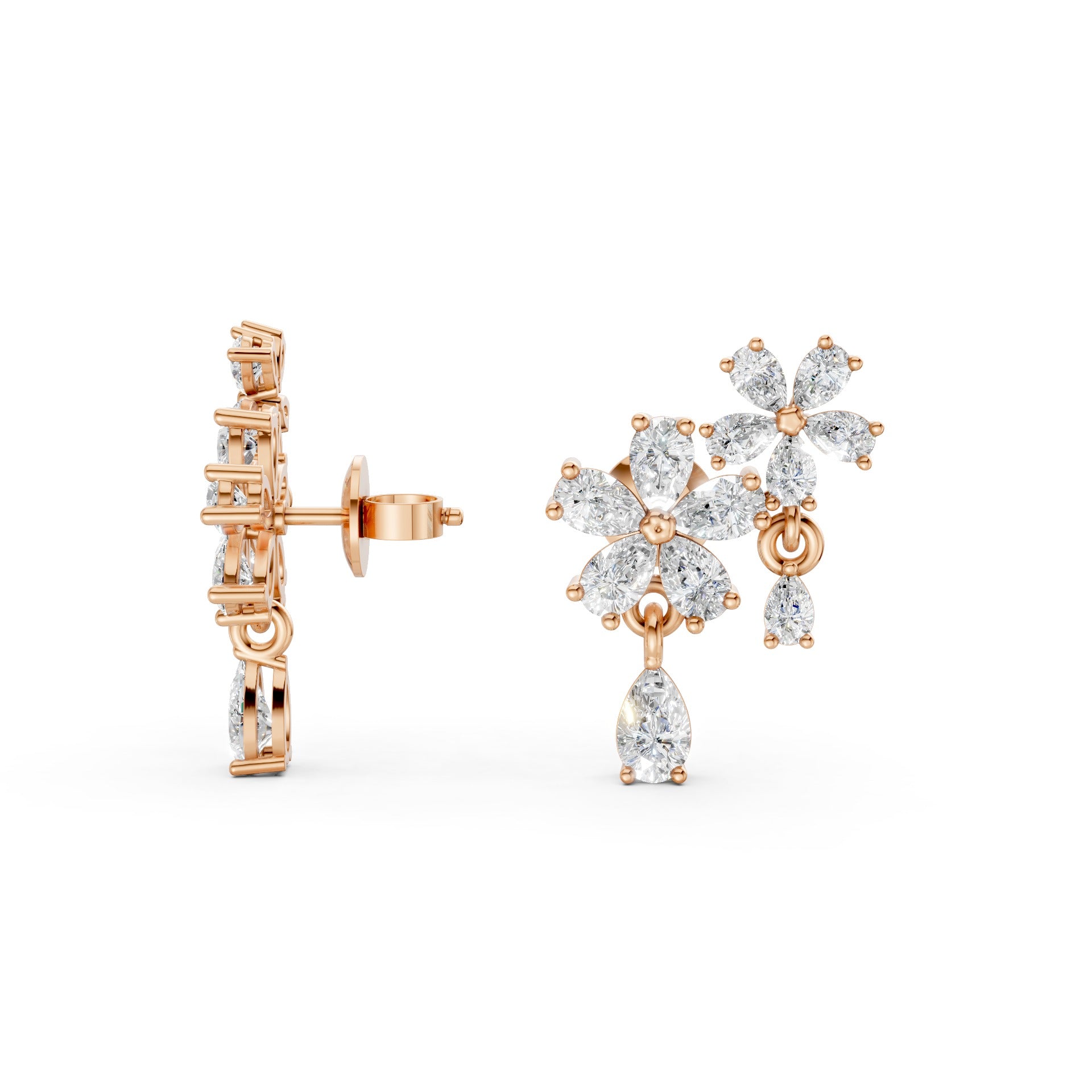 Full view of Floral Cascade Diamond Earrings in 18K rose gold with 3.20 ct lab-grown diamonds, displaying the complete layered blossom design against a white background.