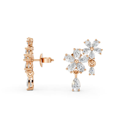 Full view of Floral Cascade Diamond Earrings in 18K rose gold with 3.20 ct lab-grown diamonds, displaying the complete layered blossom design against a white background.