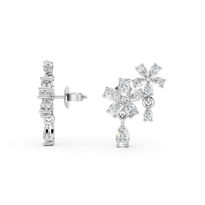 Full view of Floral Cascade Diamond Earrings in 18K white gold with 3.20 ct lab-grown diamonds, displaying the complete layered blossom design against a white background.