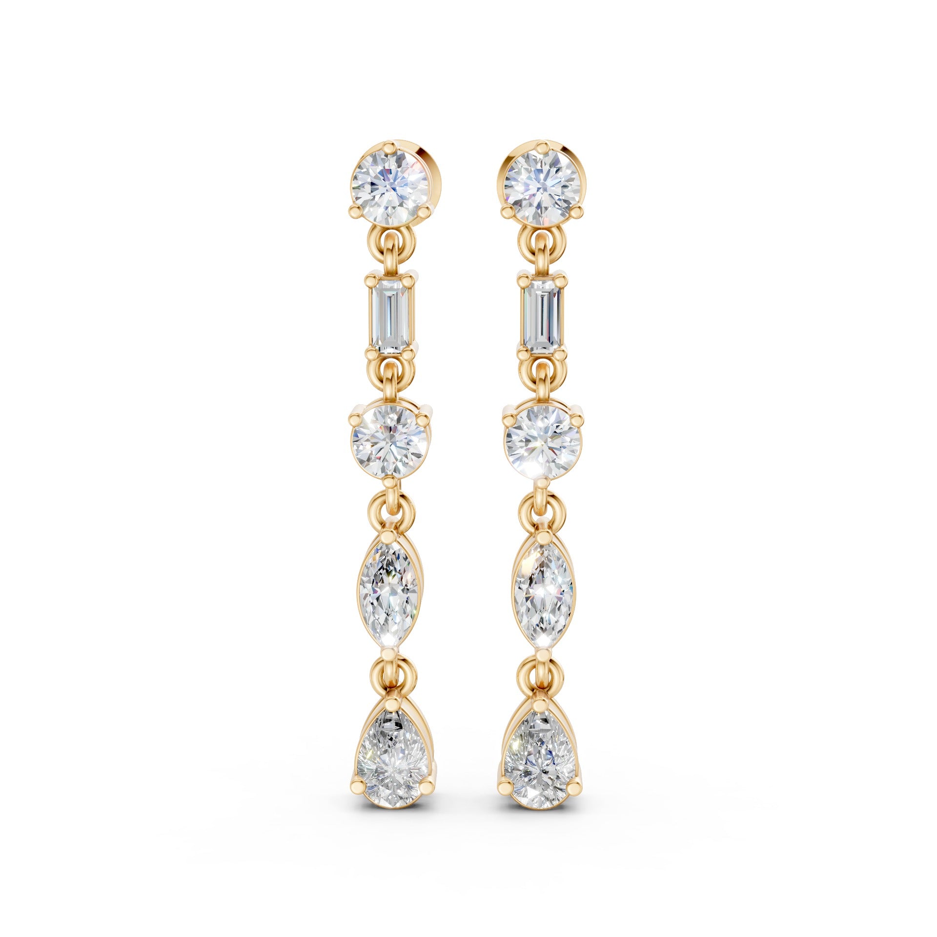 Front view of Linear Radiance Drop Earrings in 18K yellow gold, showcasing 1.80 ct lab-grown diamonds in round, marquise, baguette, and pear shapes for vibrant, refined motion.