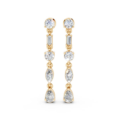 Front view of Linear Radiance Drop Earrings in 18K yellow gold, showcasing 1.80 ct lab-grown diamonds in round, marquise, baguette, and pear shapes for vibrant, refined motion.