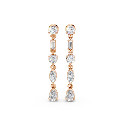 Front view of Linear Radiance Drop Earrings in 18K rose gold, showcasing 1.80 ct lab-grown diamonds in round, marquise, baguette, and pear shapes for warm, refined motion.