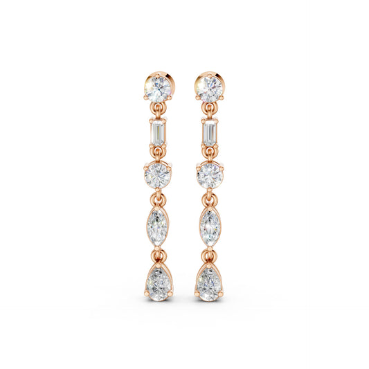Front view of Linear Radiance Drop Earrings in 18K rose gold, showcasing 1.80 ct lab-grown diamonds in round, marquise, baguette, and pear shapes for warm, refined motion.