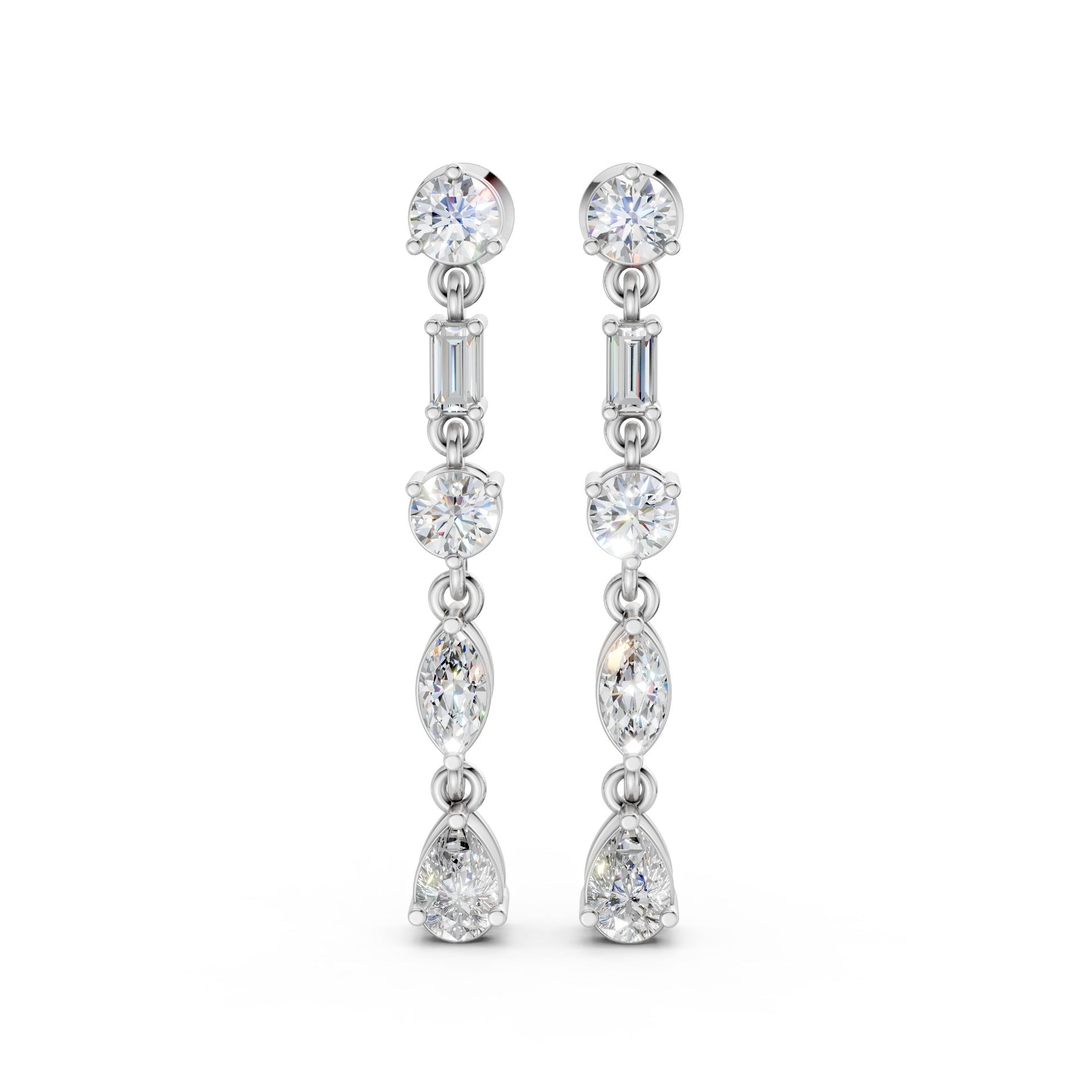 Front view of Linear Radiance Drop Earrings in 18K white gold, showcasing 1.80 ct lab-grown diamonds in round, marquise, baguette, and pear shapes for cool, refined motion.