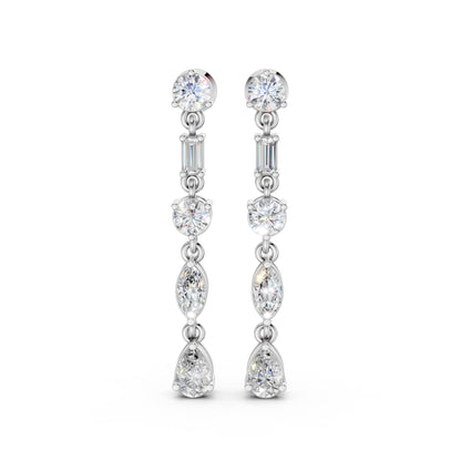 Front view of Linear Radiance Drop Earrings in 18K white gold, showcasing 1.80 ct lab-grown diamonds in round, marquise, baguette, and pear shapes for cool, refined motion.