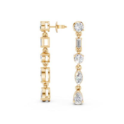Full view of Linear Radiance Drop Earrings in 18K yellow gold with 1.80 ct lab-grown diamonds, displaying the complete modern sequence design against a white background.