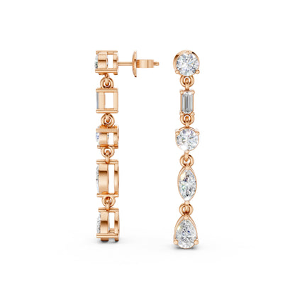 Full view of Linear Radiance Drop Earrings in 18K rose gold with 1.80 ct lab-grown diamonds, displaying the complete modern sequence design against a white background.
