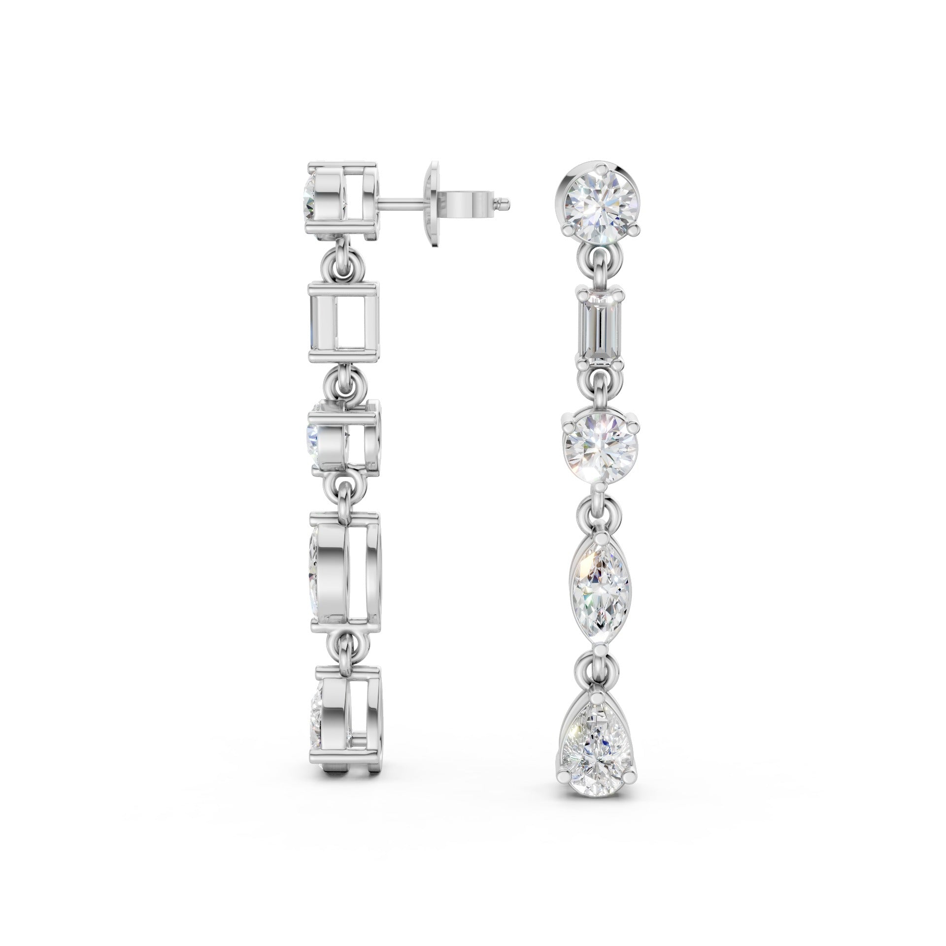 Full view of Linear Radiance Drop Earrings in 18K white gold with 1.80 ct lab-grown diamonds, displaying the complete modern sequence design against a white background.