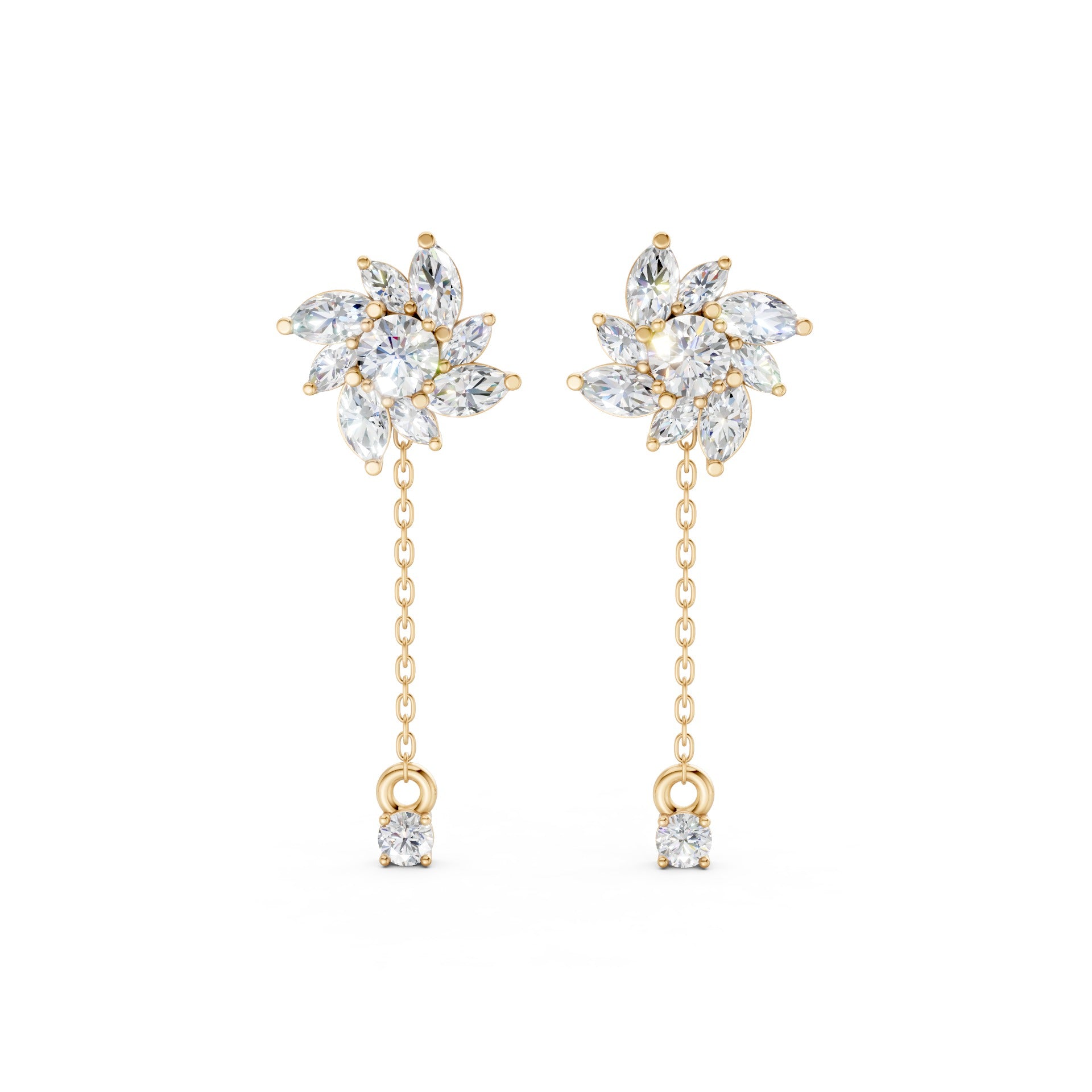 Front view of Floral Drop Earrings in 18K yellow gold, showcasing 1.85 ct petal-shaped diamonds with a bold, radiant sparkle in a floral-inspired setting.