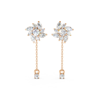 Front view of Floral Drop Earrings in 18K rose gold, highlighting 1.85 ct petal-shaped diamonds with a soft, romantic sparkle in a floral-inspired setting.