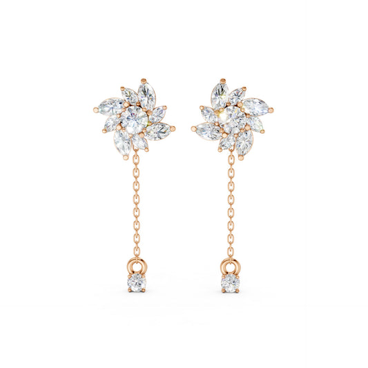 Front view of Floral Drop Earrings in 18K rose gold, highlighting 1.85 ct petal-shaped diamonds with a soft, romantic sparkle in a floral-inspired setting.