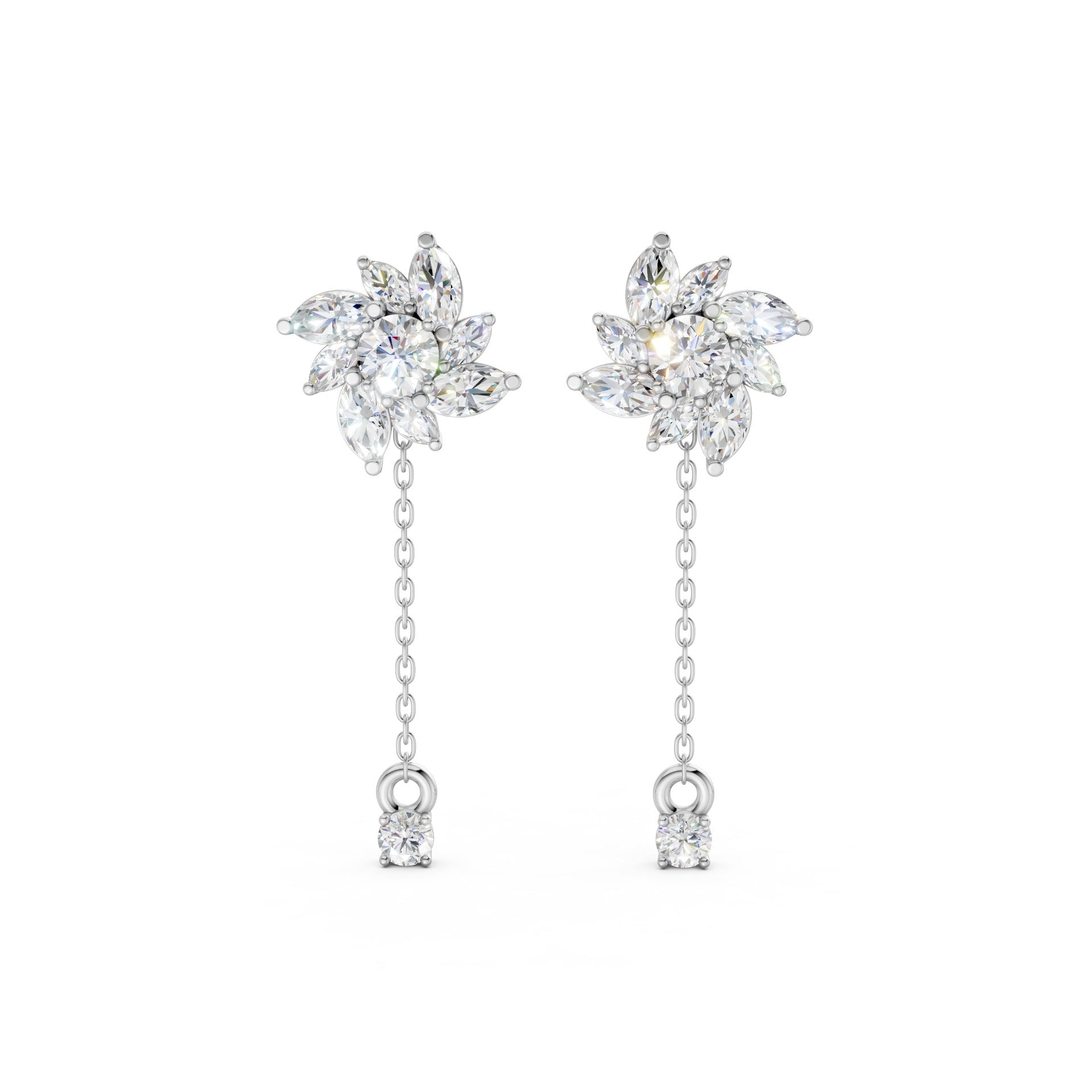 Front view of Floral Drop Earrings in 18K white gold, highlighting 1.85 ct petal-shaped diamonds with a crisp, radiant sparkle in a floral-inspired setting.
