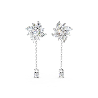 Front view of Floral Drop Earrings in 18K white gold, highlighting 1.85 ct petal-shaped diamonds with a crisp, radiant sparkle in a floral-inspired setting.