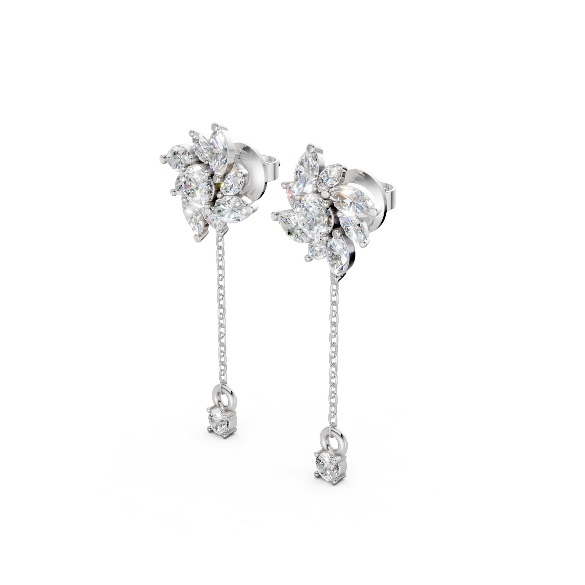 Side view of Floral Drop Earrings in 18K white gold, displaying the sleek drop design with 1.85 ct petal-shaped diamonds and the polished white gold profile.