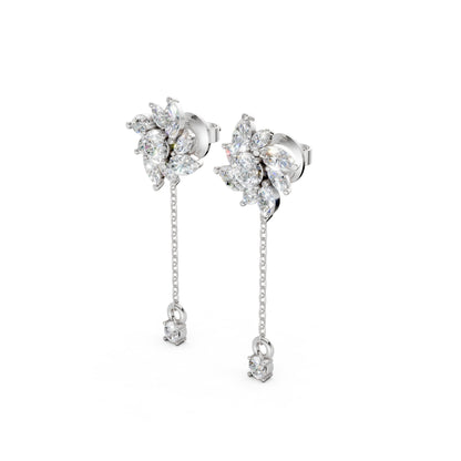 Side view of Floral Drop Earrings in 18K white gold, displaying the sleek drop design with 1.85 ct petal-shaped diamonds and the polished white gold profile.