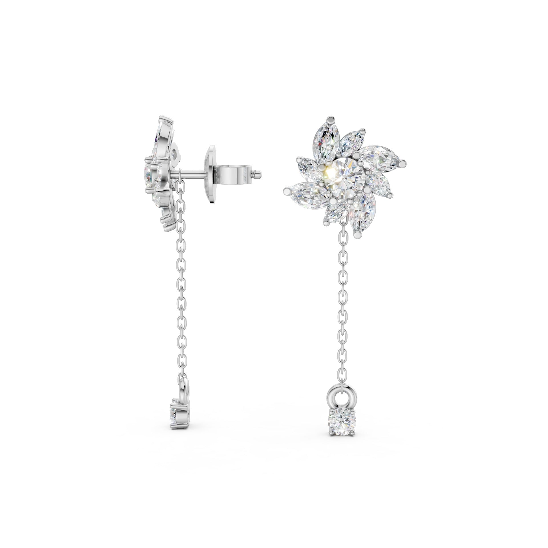 Floral Drop Earrings in 18K white gold with 1.85 ct petal-shaped diamonds, showcasing a full view of the elegant floral design and cool, silvery shine against a minimalist background.