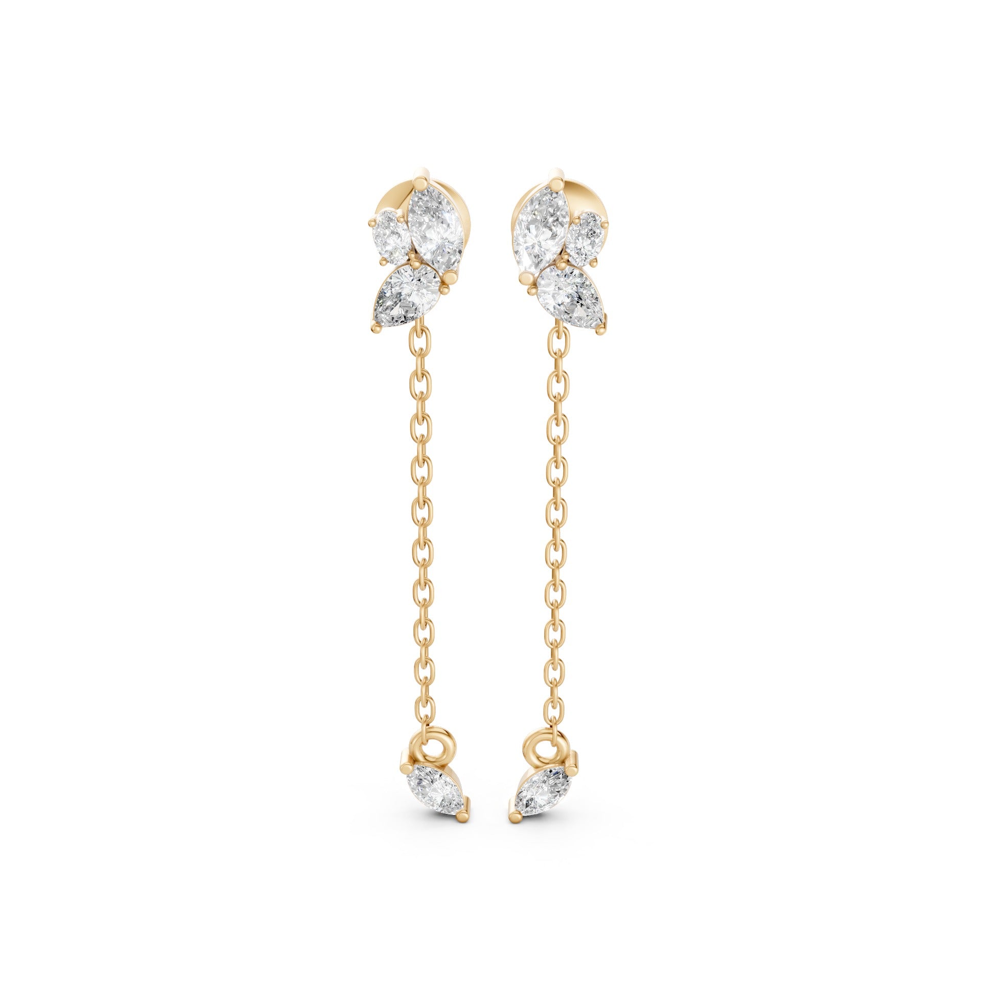 Front view of Marquise Drop Chain Earrings in 14k yellow gold, featuring lab-grown diamonds in marquise, pear, and oval cuts with a chain drop.