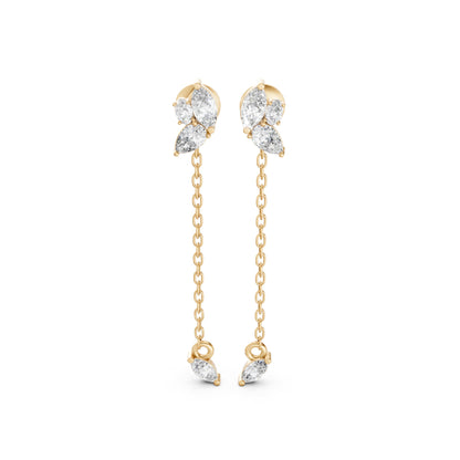 Front view of Marquise Drop Chain Earrings in 14k yellow gold, featuring lab-grown diamonds in marquise, pear, and oval cuts with a chain drop.