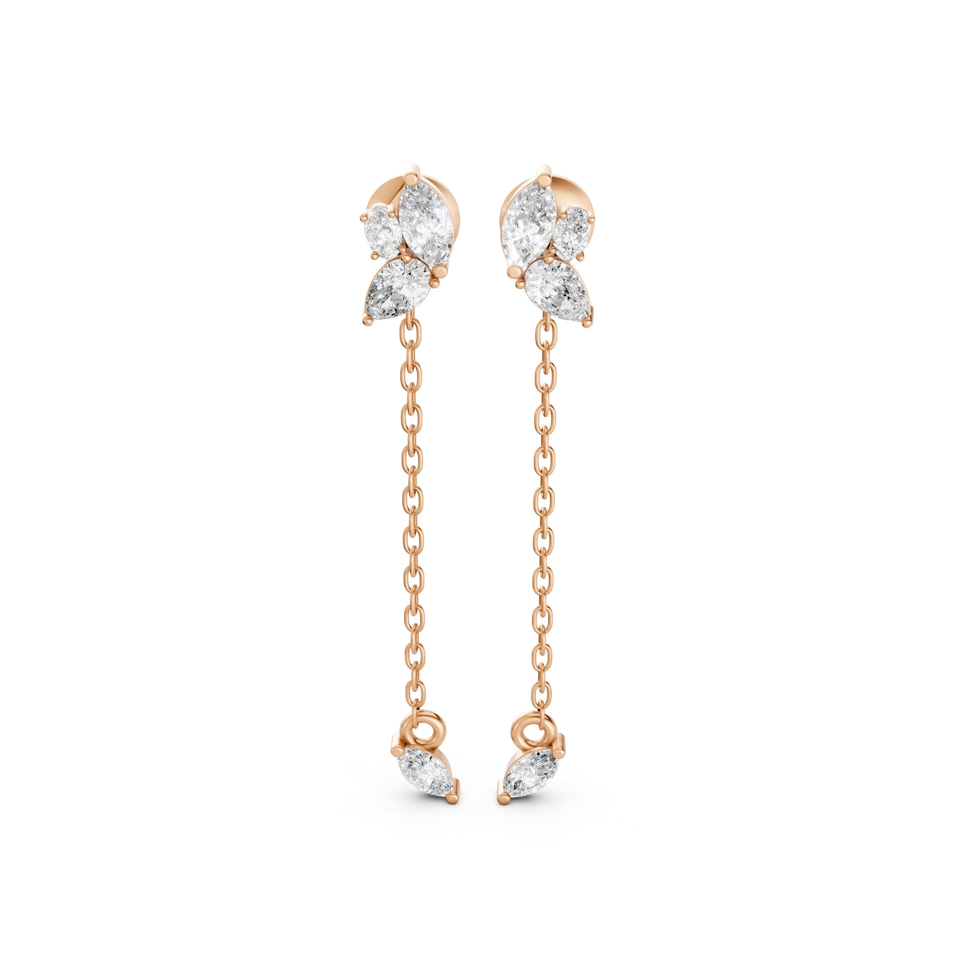 Front view of Marquise Drop Chain Earrings in 14k rose gold, with lab-grown marquise, pear, and oval diamonds and a delicate chain.